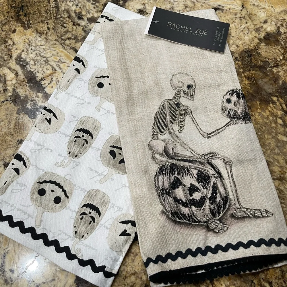 Rachel Zoe Halloween Skeleton & Jack o’Lantern kitchen towel set - Brand NEW!